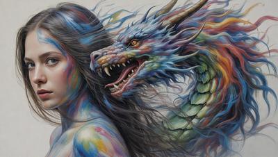 The primary subject of the image is a woman with a dragon tattoo. The setting is a colorful and artistic background, possibly a painting or drawing. The visual style is a combination of digital art and illustration, creating a unique and vibrant scene. The colors and mood of the image are lively and energetic, with the woman and dragon tattoo being the main focus of the artwork.